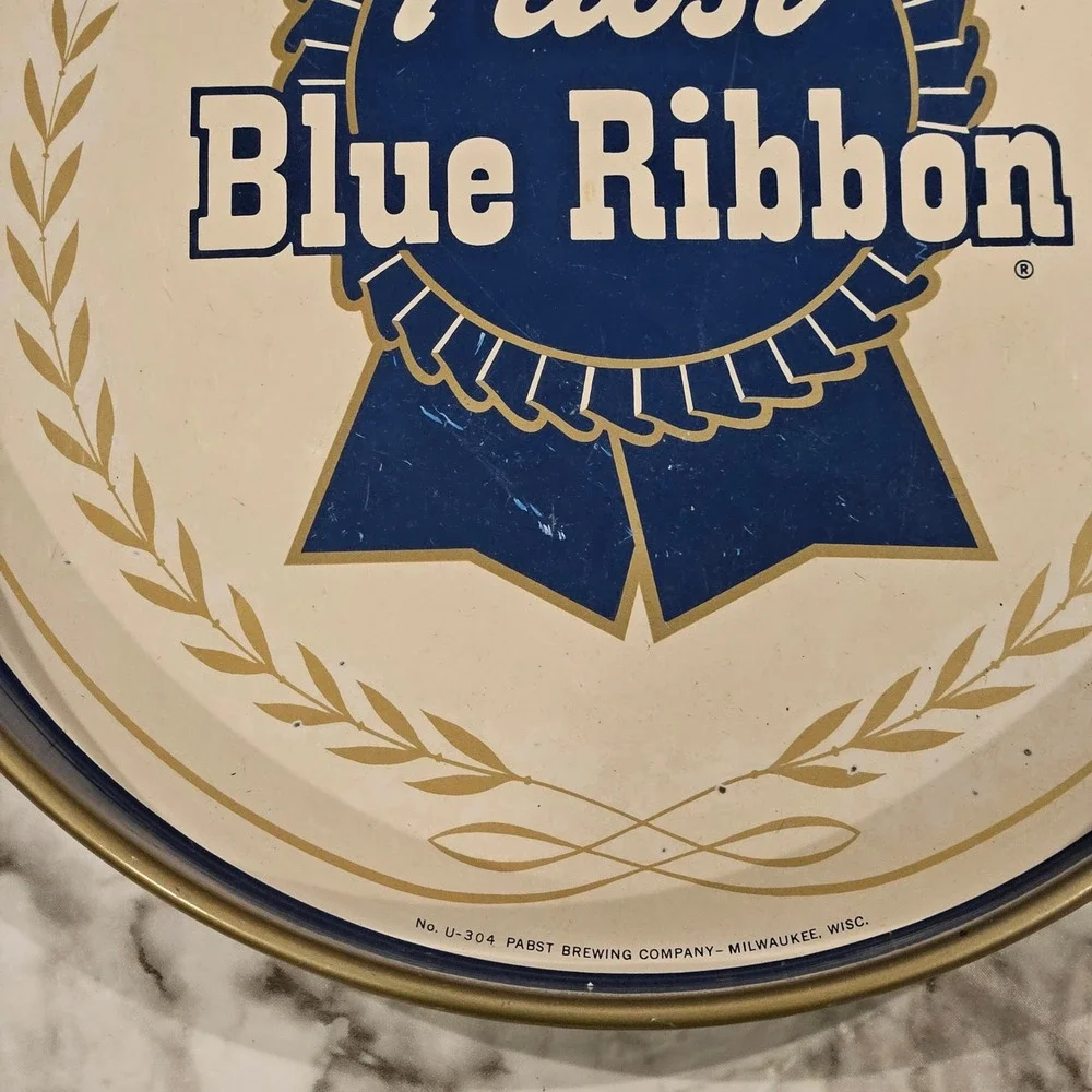 Vintage Pabst Blue Ribbon Beer‎ Serving Tray Metal Round Collectible Pub Decor
